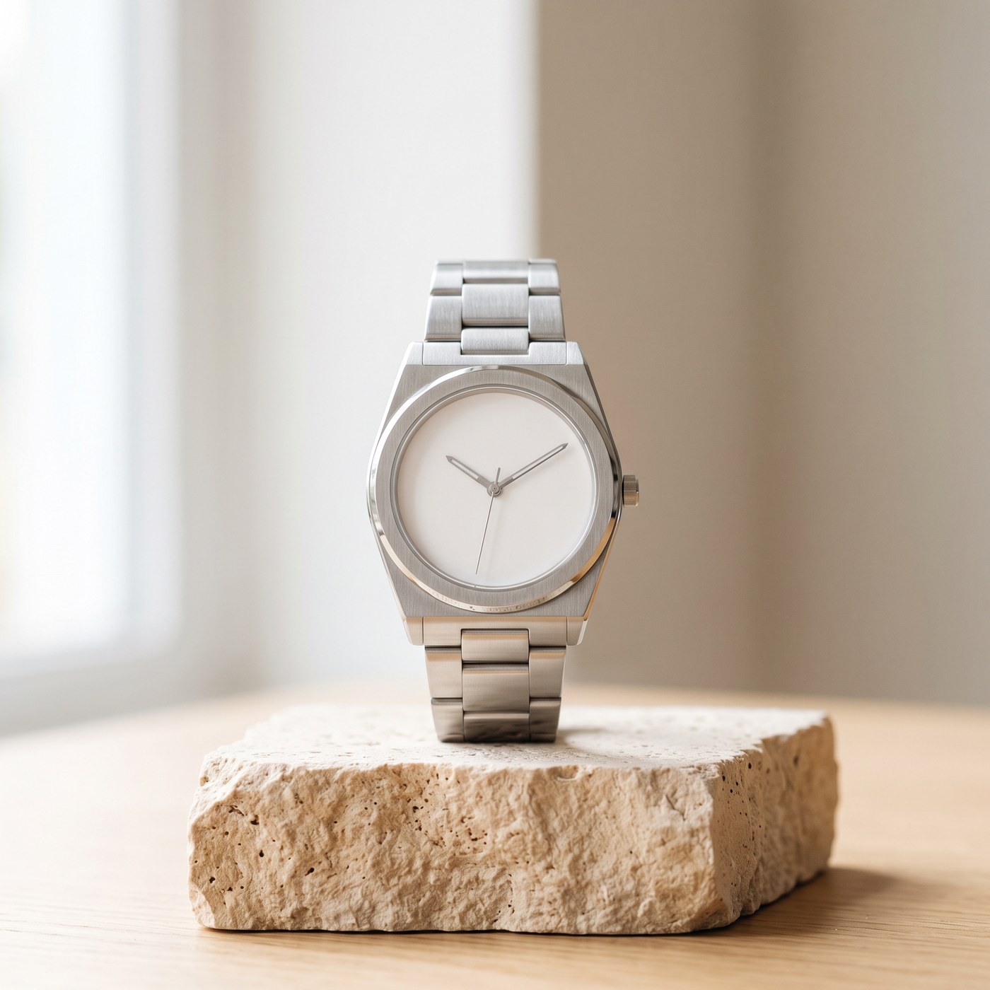 Minimal steel watch on a pale stone plinth